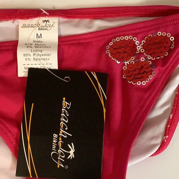 Beach Joy Size Medium Side Tie Bikini Bottom W/Sequence Cherries. New With Tags - Picture 4 of 4